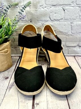 Black Espadrille Wedge Sandals Comfortview - Women-9W